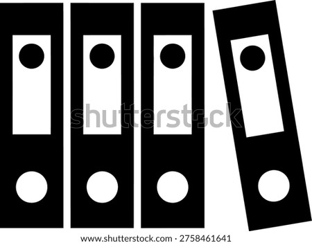 Black and white illustration of four file binders, one leaning, for office organization or archiving, binder clips