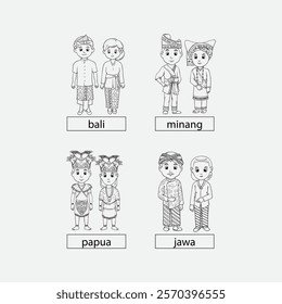 Black and white illustration of four groups of traditional Indonesian costumes: Bali, Minangkabau, Papua, and Jawa, presented with cultural accuracy for educational and artistic purposes.