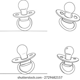 Una ilustración en blanco y negro de cuatro chupetes mostrados desde varios ángulos.