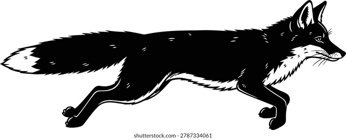A black and white illustration of a fox in motion isolated on transparent background showing its bushy tail and alert posture