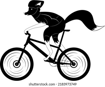 black and white illustration of a fox on a bicycle