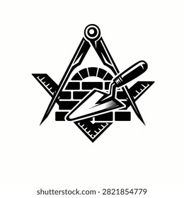 Black and white illustration of Freemasonry tools and emblem