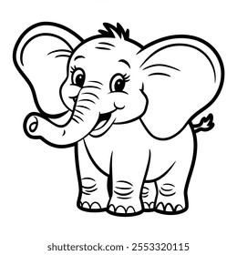  Una ilustración en blanco y negro de un elefante amigable con orejas Grandes y una cara sonriente 