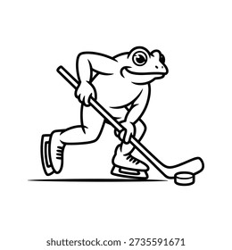 Black and white illustration of a frog playing ice hockey