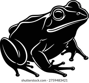 A black and white illustration of a frog sitting on a surface, facing right