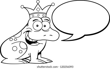 Black and white illustration of a frog wearing a crown with a caption balloon.