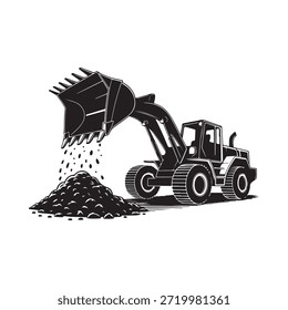 Una ilustración en blanco y negro de un cargador frontal que descarga material