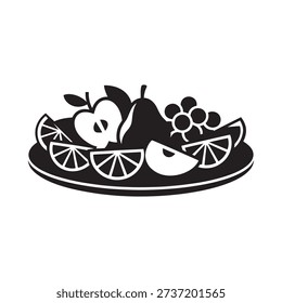 A black and white illustration of a fruit platter with various fresh produce