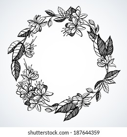Black and white illustration with fuchsia flowers.  
