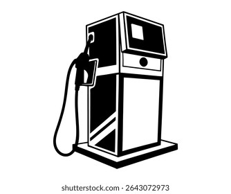 Ilustração em preto e branco de uma bomba de combustível, ilustração gráfica e estilizada de uma bomba de gás, bomba de gás, bomba de combustível, posto de gasolina vintage, retro, clássico, preto e branco, ilustração, gráfico, vetor,