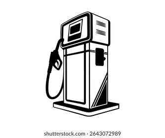 Ilustração em preto e branco de uma bomba de combustível, ilustração gráfica e estilizada de uma bomba de gás, bomba de gás, bomba de combustível, posto de gasolina vintage, retro, clássico, preto e branco, ilustração, gráfico, vetor,