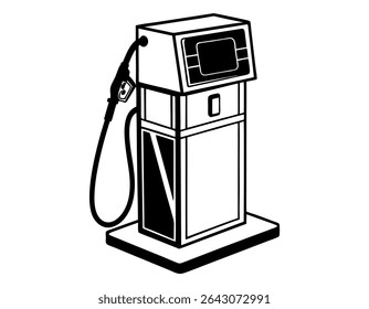 Ilustração em preto e branco de uma bomba de combustível, ilustração gráfica e estilizada de uma bomba de gás, bomba de gás, bomba de combustível, posto de gasolina vintage, retro, clássico, preto e branco, ilustração, gráfico, vetor,