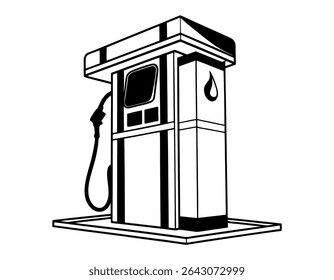 Ilustração em preto e branco de uma bomba de combustível, ilustração gráfica e estilizada de uma bomba de gás, bomba de gás, bomba de combustível, posto de gasolina vintage, retro, clássico, preto e branco, ilustração, gráfico, vetor,