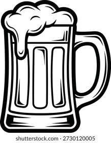 Ilustración en blanco y negro de una taza de cerveza llena con cabeza de espuma que fluye