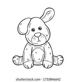 Black and white illustration of a funny cartoon dog. On white background