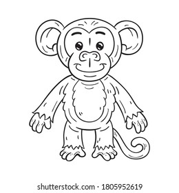 Black and white illustration of a  funny cartoon monkey. On white backgroud