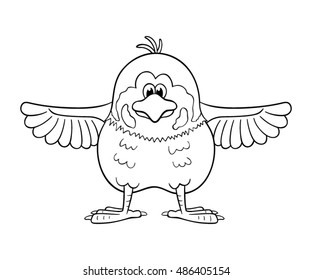 Black and white illustration of funny cartoon sparrow  with wings widely spreading out