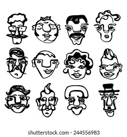 A black & white illustration of funny faces