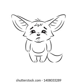 Black and white illustration of a funny fennec fox  looks with sadness. Cute kawaii cartoon character. Funny emotion and face expression. Isolated on white background