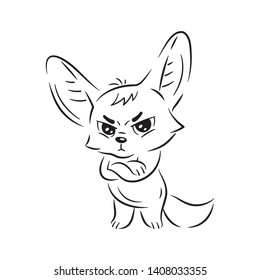 Black and white illustration of a funny fennec fox  looking severely. Cute kawaii cartoon character. Funny pose, emotion and face expression. Isolated on white background