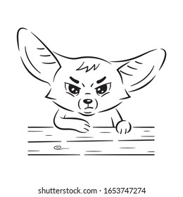 Black and white illustration of a funny fennec fox  who standing by the fence and looking severely. Cute cartoon character. Funny pose, emotion and face expression