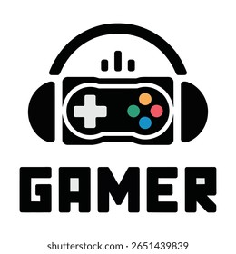 Ilustração em preto e branco de um controlador de jogo com fones de ouvido e a palavra GAMER em um estilo pixelado. Os botões do controlador são multicoloridos.