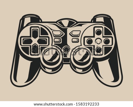 Black and white illustration of a gaming controller, isolated on the white background.