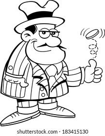 Black and white illustration of a gangster flipping a coin.