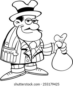 Black and white illustration of a gangster holding a bag.