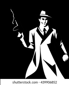 Black And White Illustration Of A Gangster Holding Machine Gun.