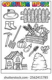 Black and white illustration of gardening tools, vegetables, and a farmhouse, designed for coloring activities.