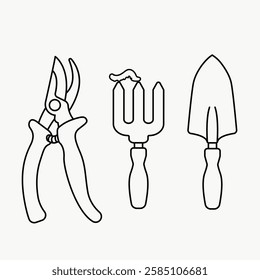 Black and white illustration of gardening tools including a pruner, fork, and trowel. Simple, outlined design of gardening tools for horticulture enthusiasts. Line art illustration vector.