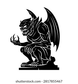 A black and white illustration of a gargoyle in a crouching pose, holding a round object.