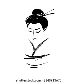 Black and white illustration of a geisha in ink.