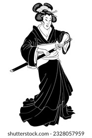 Black and White Illustration of Geisha in Traditional Kimono using japanese katana