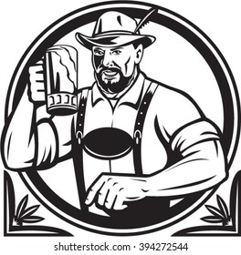 Black and white illustration of a German Bavarian beer drinker raising beer mug for Oktoberfest toast wearing lederhosen and German hat set inside circle done in retro style.