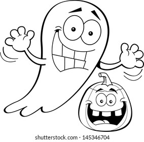 Black and white illustration of a ghost with a pumpkin.