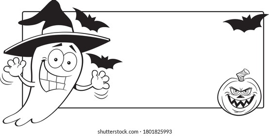 Black and white illustration of a ghost wearing a witch hat next to a banner with a pumpkin and bats.