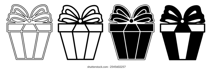 Ilustración en blanco y negro de una caja de regalo. Colección de icono de caja de regalo con línea. Ilustración vectorial de stock.