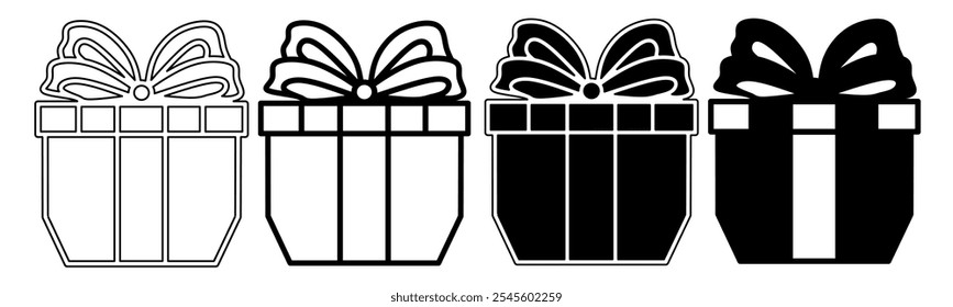 Ilustración en blanco y negro de una caja de regalo. Colección de icono de caja de regalo con línea. Ilustración vectorial de stock.