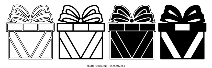 Ilustración en blanco y negro de una caja de regalo. Colección de icono de caja de regalo con línea. Ilustración vectorial de stock.