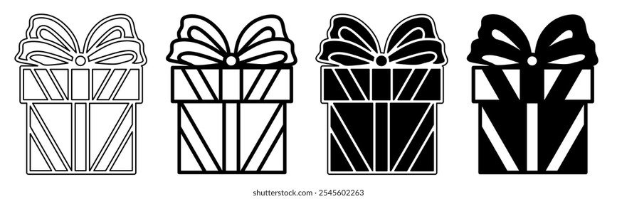 Ilustración en blanco y negro de una caja de regalo. Colección de icono de caja de regalo con línea. Ilustración vectorial de stock.