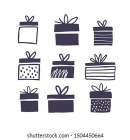 Black and white illustration with gift boxes. Trendy scandinavian minimalistic holiday vector background. Perfect for apparel, fabric, textile, wrapping paper, birthday. Kids illustration 