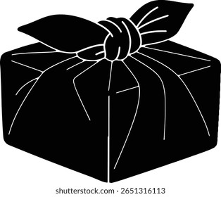 A black and white illustration of a gift meticulously wrapped in fabric, tied with a decorative knot and leaf-shaped accents.