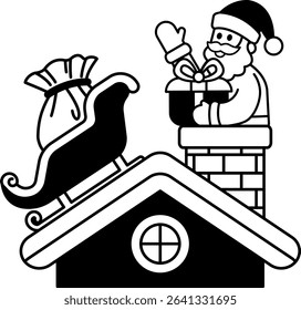 black and white illustration of a gift on chimney and a sleigh