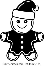 black and white illustration of gingerbread man wearing an elf costumes