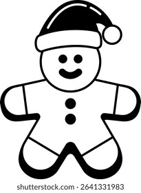 black and white illustration of a gingerbread man wearing a santa costumes