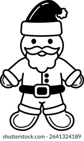 black and white illustration of a gingerbread wearing a santa costumes