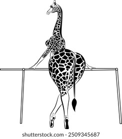black and white illustration of giraffe dancing ballet.