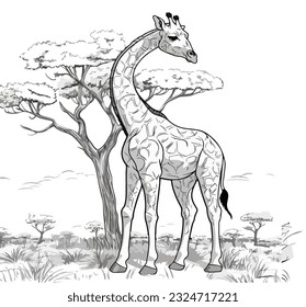 Black and white illustration of a giraffe on a tree background. vector illustration